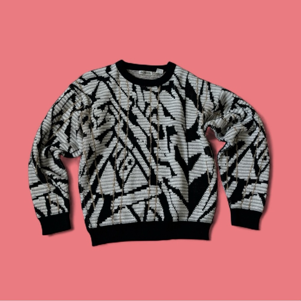 Black and white abstract patterned sweater - vintage knit